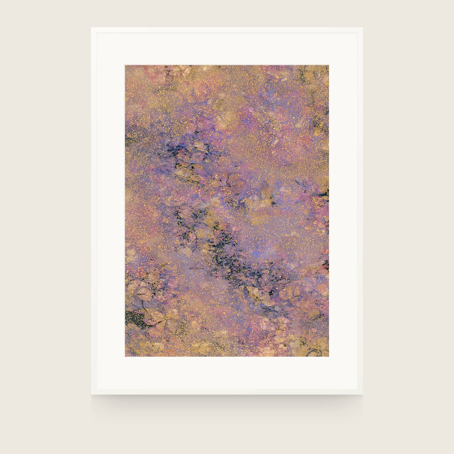 Patina II — Vein. Lilac and gold field scattered with small dots, crossed by dark broken veins. Shown framed. Frames and mounts are not included.
