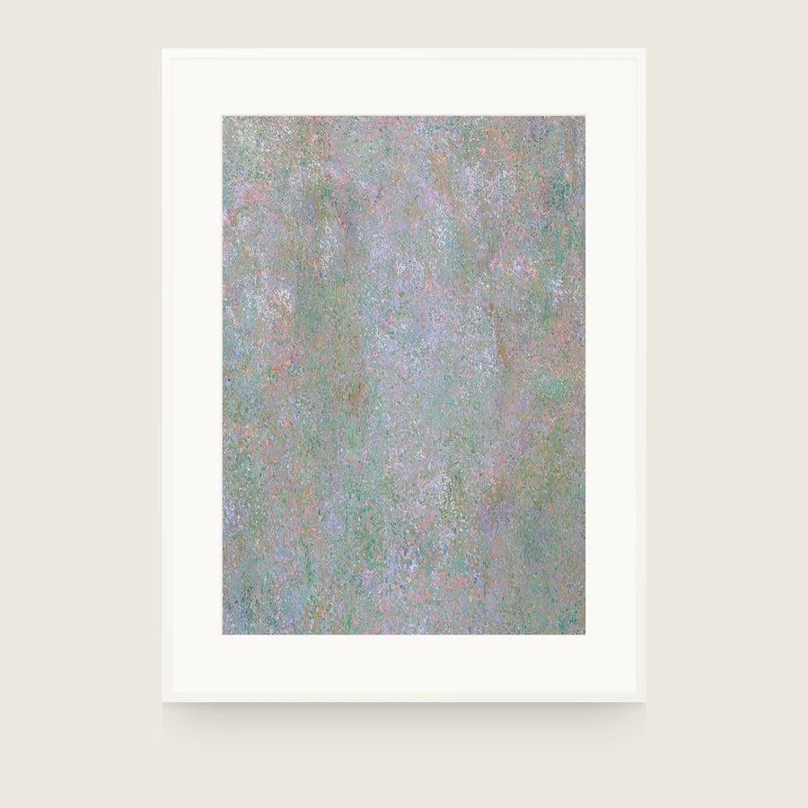 Botanics IV — Dust. Muted abstract of fine green, lilac and grey dots with small coral flecks throughout. Shown framed. Frames and mounts are not included.