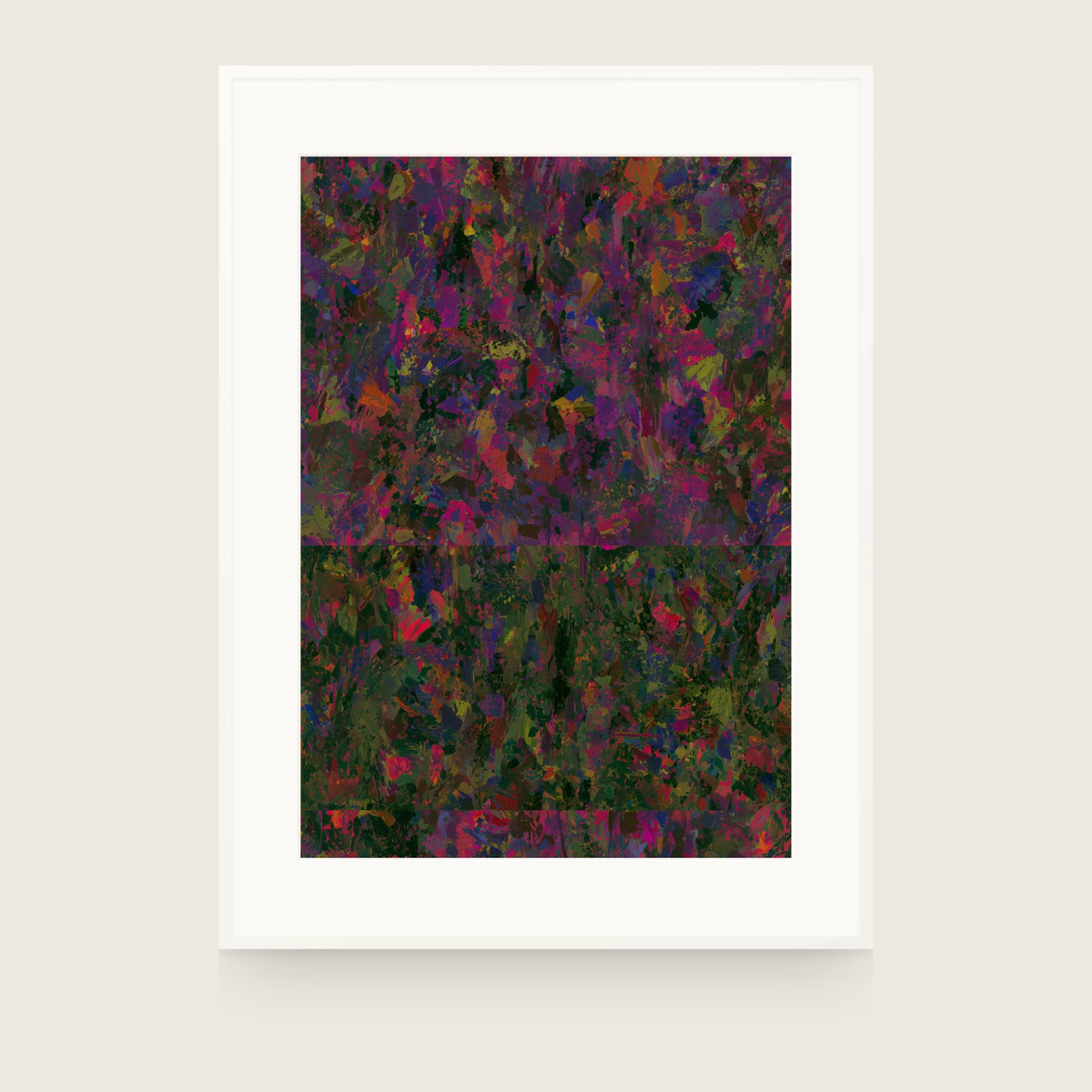 Partitions VI — Tangle. Dense angular shards of magenta, violet, olive and dark green, with two straight horizontal breaks across the lower half. Shown framed. Frames and mounts are not included.