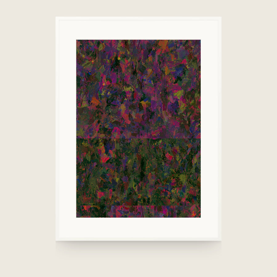 Partitions VI — Tangle. Dense angular shards of magenta, violet, olive and dark green, with two straight horizontal breaks across the lower half. Shown framed. Frames and mounts are not included.