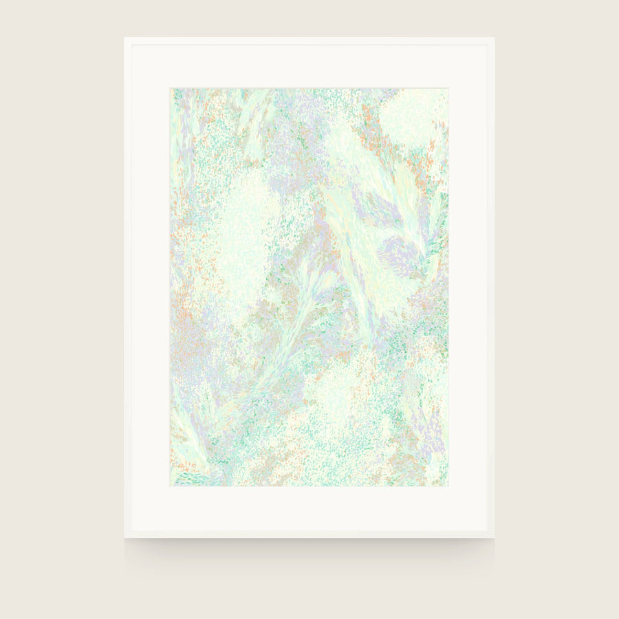 Botanics V — Frond. Very pale abstract in cream and mint with lilac feathered forms and scattered orange dots. Shown framed. Frames and mounts are not included.