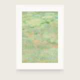 Forestry IV — Lichen. Abstract field of small green and mint dots with peach warming through and darker green near the top. Shown framed. Frames and mounts are not included.