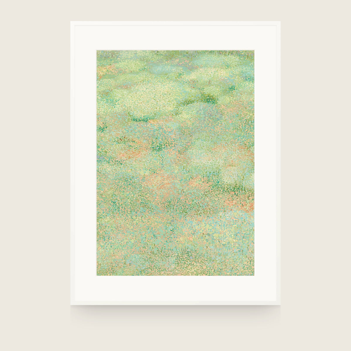 Forestry IV — Lichen. Abstract field of small green and mint dots with peach warming through and darker green near the top. Shown framed. Frames and mounts are not included.