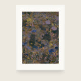 Patina VII — Olive. Mottled olive and blue-grey with gold flecks and pale rounded shapes. Shown framed. Frames and mounts are not included.