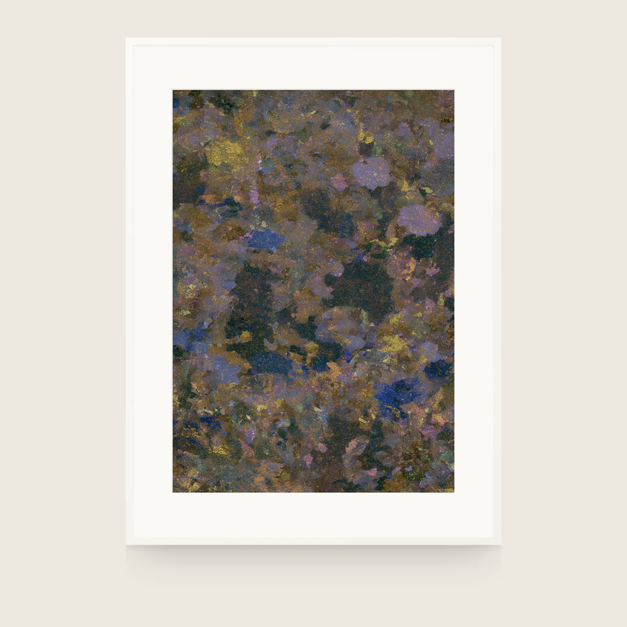 Patina VII — Olive. Mottled olive and blue-grey with gold flecks and pale rounded shapes. Shown framed. Frames and mounts are not included.