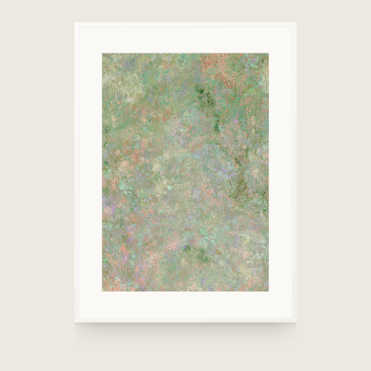 Botanics VI — Scrub. Abstract sage and olive field with coral speckle and darker green clumps near the top right. Shown framed. Frames and mounts are not included.