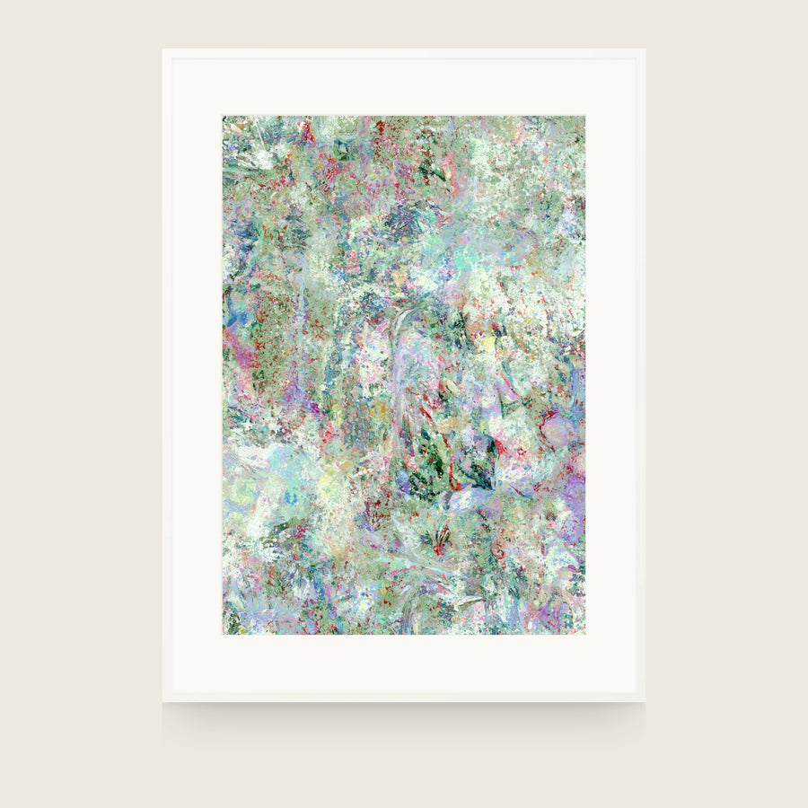 Botanics III — Speckle. Very pale abstract with fine red, blue and pink speckle over a near-white and pale green ground. Shown framed. Frames and mounts are not included.