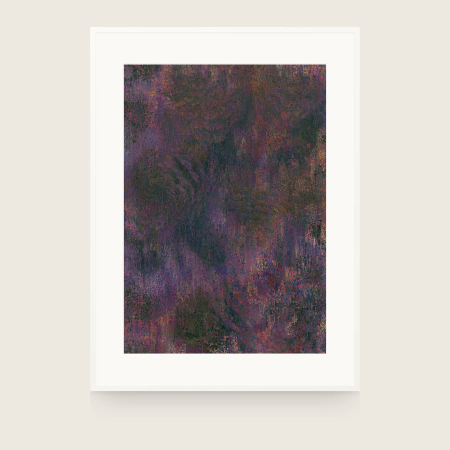 Forestry VI — Bramble. Dark abstract in plum and deep green with vertical striations and a fanned arc at the lower left. Shown framed. Frames and mounts are not included.