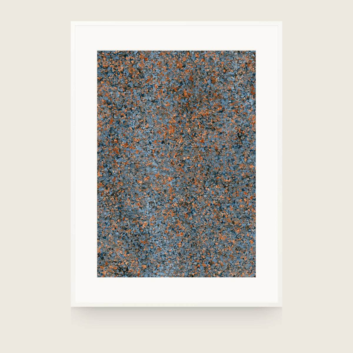 Impressions XI — Gravel. Small blue-grey flakes with orange and rust scattered evenly throughout. Shown framed. Frames and mounts are not included.