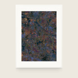 Patina XV — Rust. Thick overlapping patches of rust, slate blue, plum and dark olive with a few pale flecks, spread evenly across the sheet. Shown framed. Frames and mounts are not included.