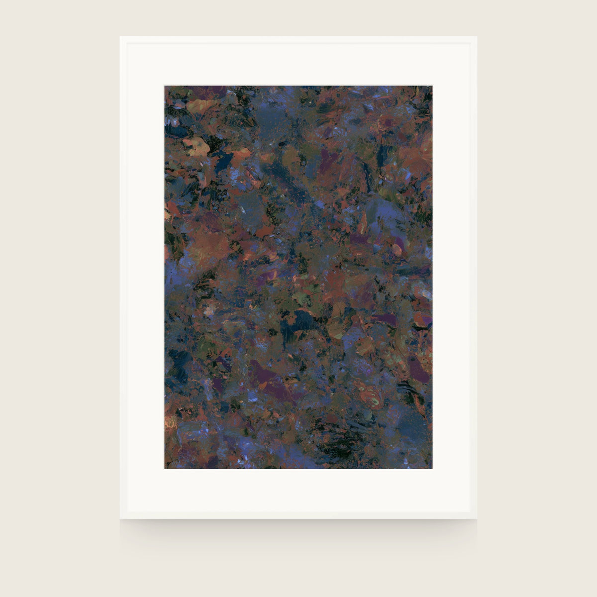 Patina XV — Rust. Thick overlapping patches of rust, slate blue, plum and dark olive with a few pale flecks, spread evenly across the sheet. Shown framed. Frames and mounts are not included.