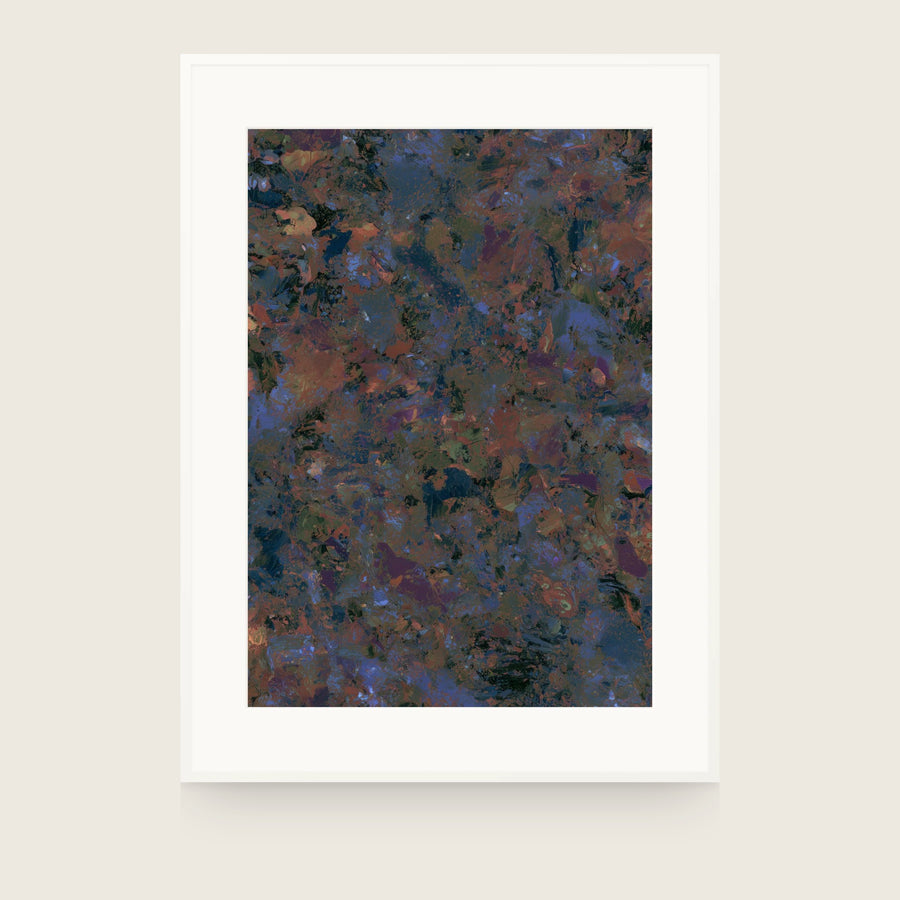 Patina XV — Rust. Thick overlapping patches of rust, slate blue, plum and dark olive with a few pale flecks, spread evenly across the sheet. Shown framed. Frames and mounts are not included.
