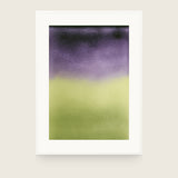 Ceramics XVIII — Divide. Dark purple in the upper half meeting yellow-green in the lower half, with a short transition between them. Shown framed. Frames and mounts are not included.
