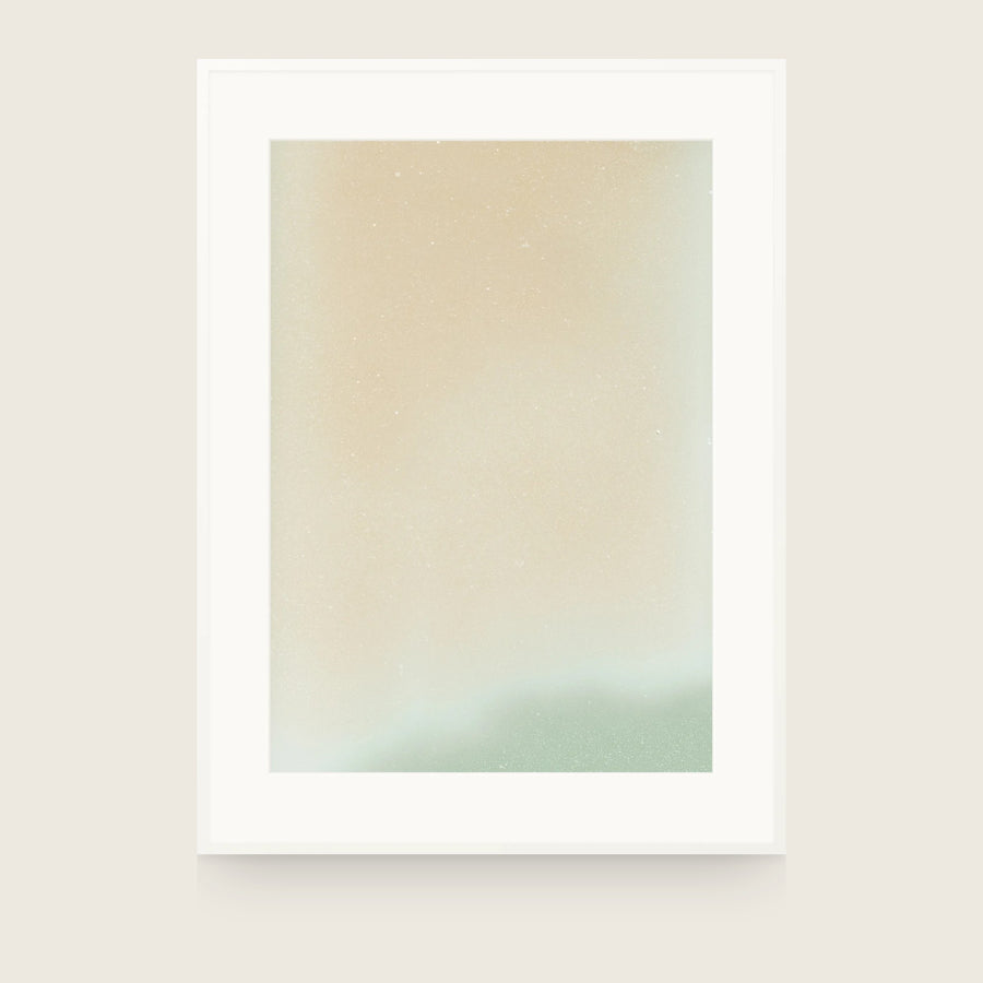 Ceramics XVI — Cream. A near-uniform cream ground with very faint pale speckling and a soft sage form at the lower right. Shown framed. Frames and mounts are not included.
