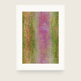 Impressions XII — Run. A magenta vertical band through the centre, flanked by olive green and coral, all finely flecked. Shown framed. Frames and mounts are not included.