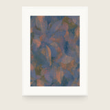 Patina XI — Overlap. Large overlapping blue-grey shapes with orange edges, filled with fine directional marks. Shown framed. Frames and mounts are not included.