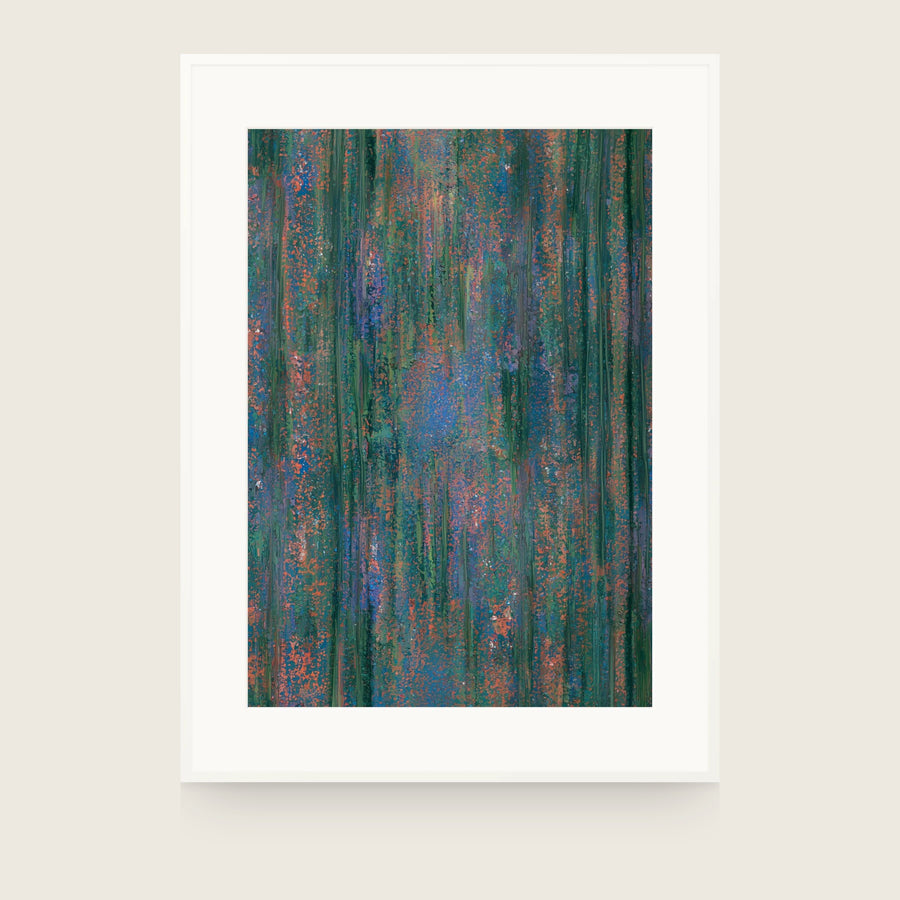 Impressions V — Tangle. Dense vertical streaks of orange and blue flecks over a deep green ground, paler and bluer through the centre. Shown framed. Frames and mounts are not included.