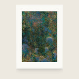 Forestry I — Thicket. Dense abstract mosaic of small green and olive flecks with lavender-blue patches at the lower corners. Shown framed. Frames and mounts are not included.