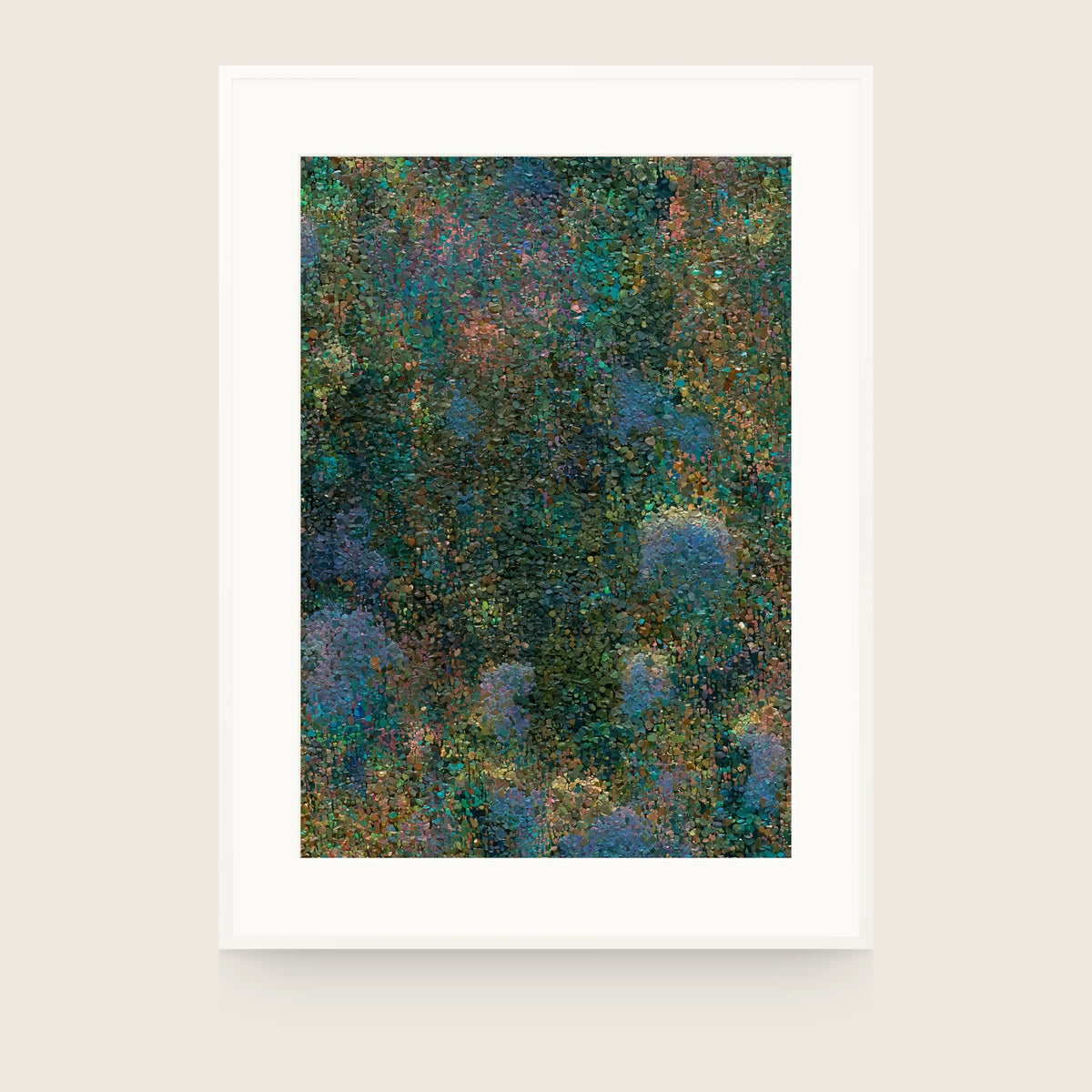 Forestry I — Thicket. Dense abstract mosaic of small green and olive flecks with lavender-blue patches at the lower corners. Shown framed. Frames and mounts are not included.
