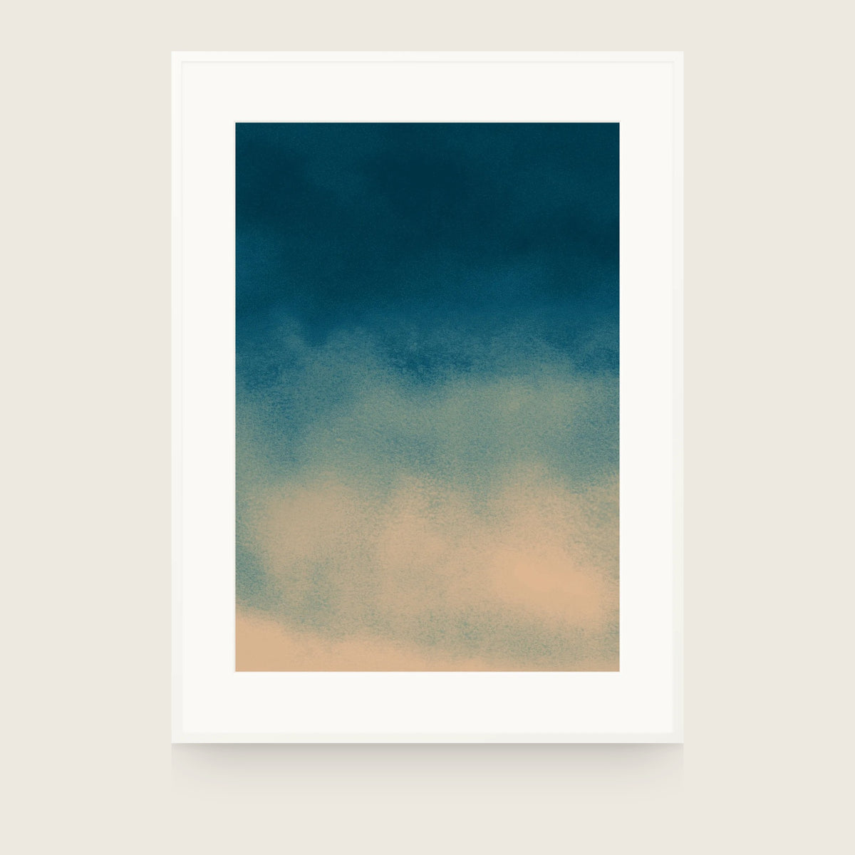 Ceramics VIII — Ebb. Deep teal at the top softening down to warm sand at the bottom, with fine speckle across the whole sheet. Shown framed. Frames and mounts are not included.