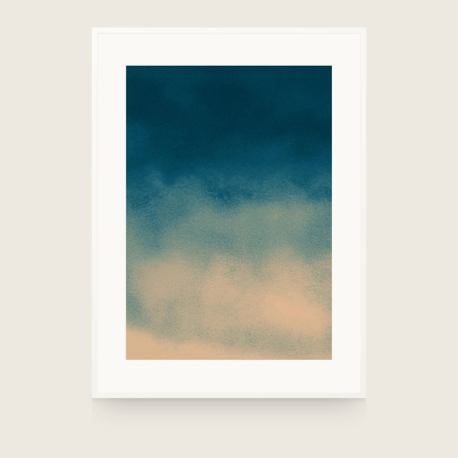 Ceramics VIII — Ebb. Deep teal at the top softening down to warm sand at the bottom, with fine speckle across the whole sheet. Shown framed. Frames and mounts are not included.