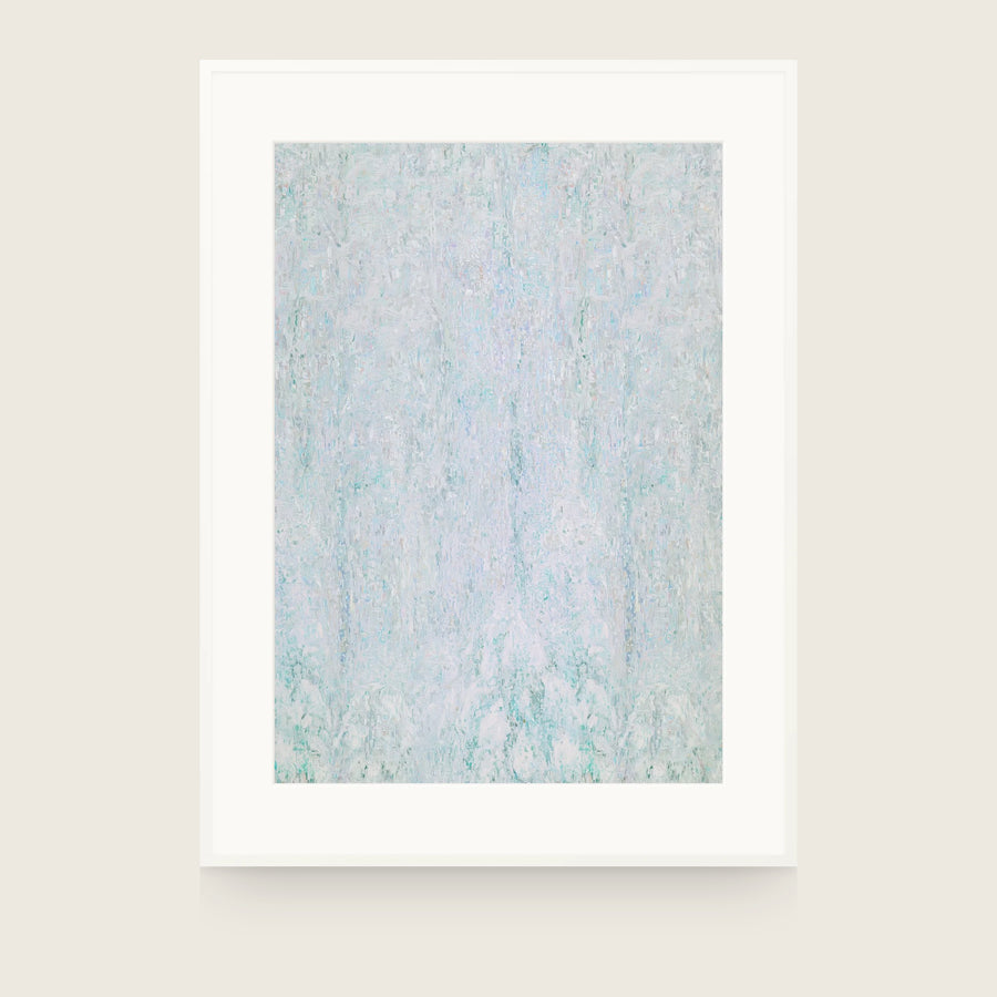 Glacier V — Veil. Almost white field of fine vertical flecks in mint, grey and faint lilac, a little denser in two columns either side of the centre. Shown framed. Frames and mounts are not included.
