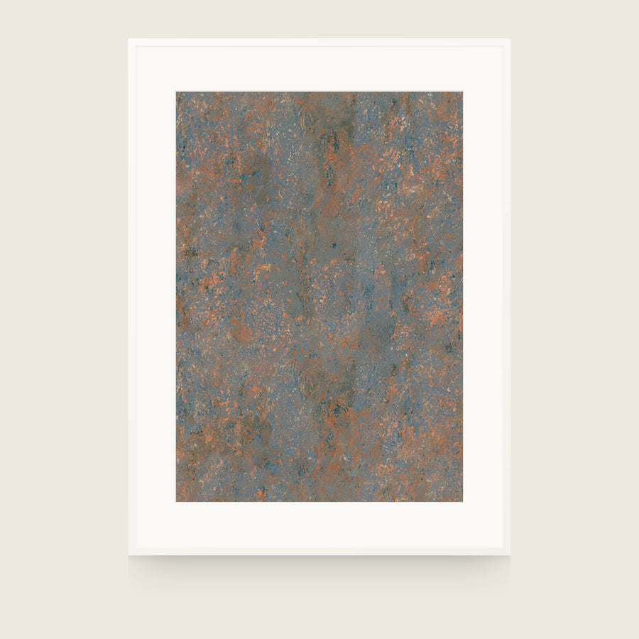 Impressions VIII — Ember. Grey-blue ground covered evenly in small orange flecks, with no lighter or darker areas. Shown framed. Frames and mounts are not included.