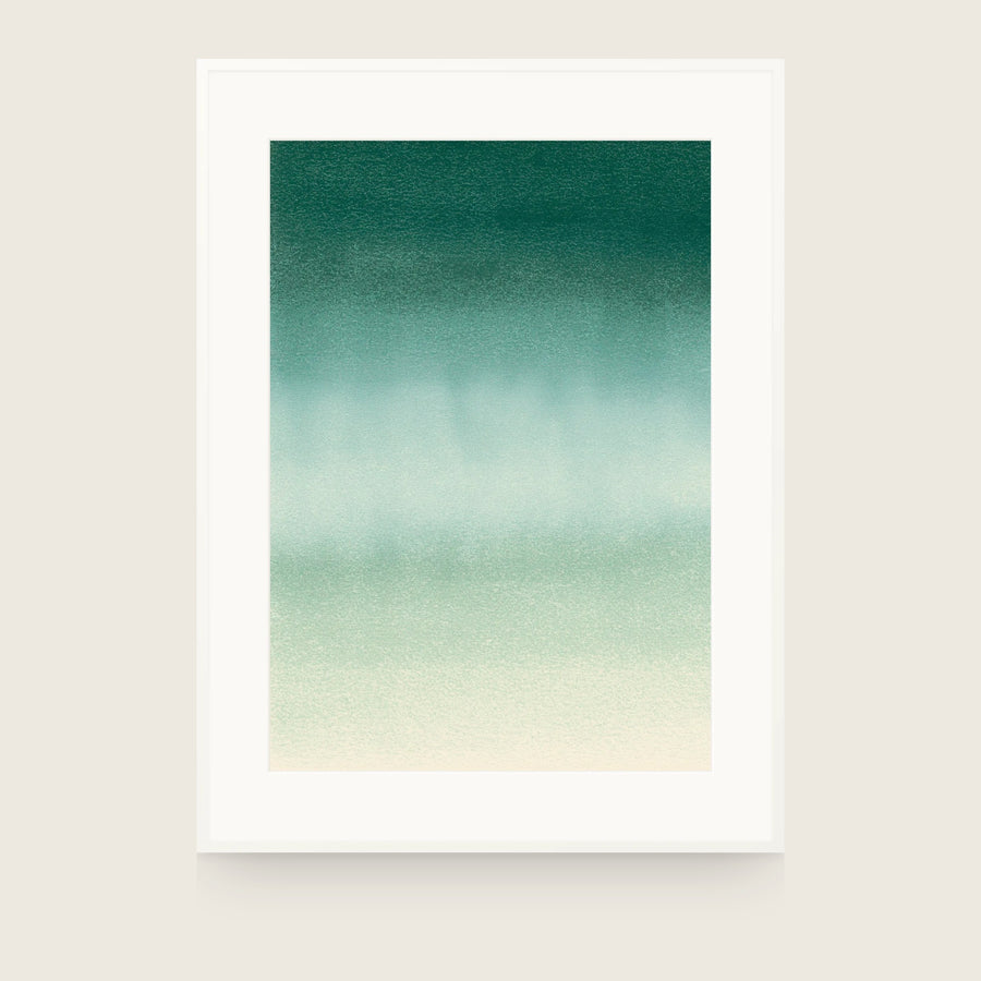 Deep green at the top grading through teal to pale cream, palest about three-fifths down with a slight return to green below. Shown framed. Frames and mounts are not included.