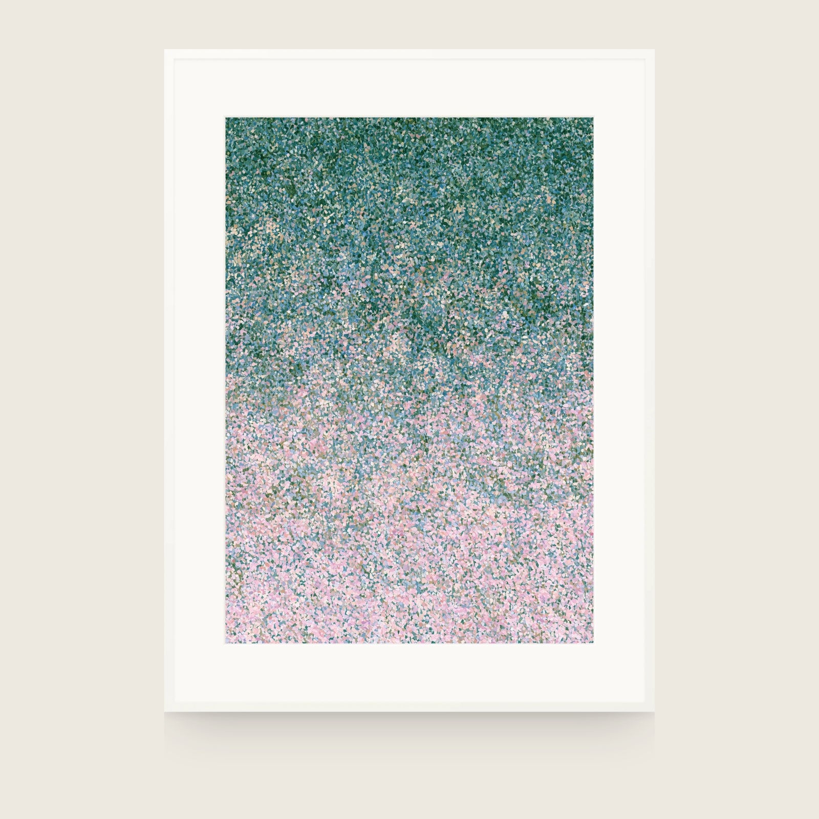Even field of fine dots shifting from dark green at the top to pale pink at the bottom. Shown framed. Frames and mounts are not included.