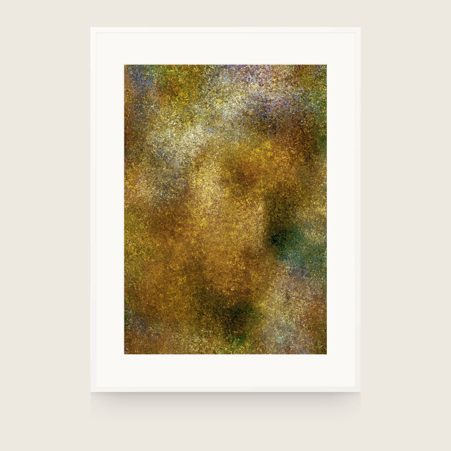 Patina XIV — Gilt. Small gold and olive facets, lighter at the upper left and darker towards the edges. Shown framed. Frames and mounts are not included.