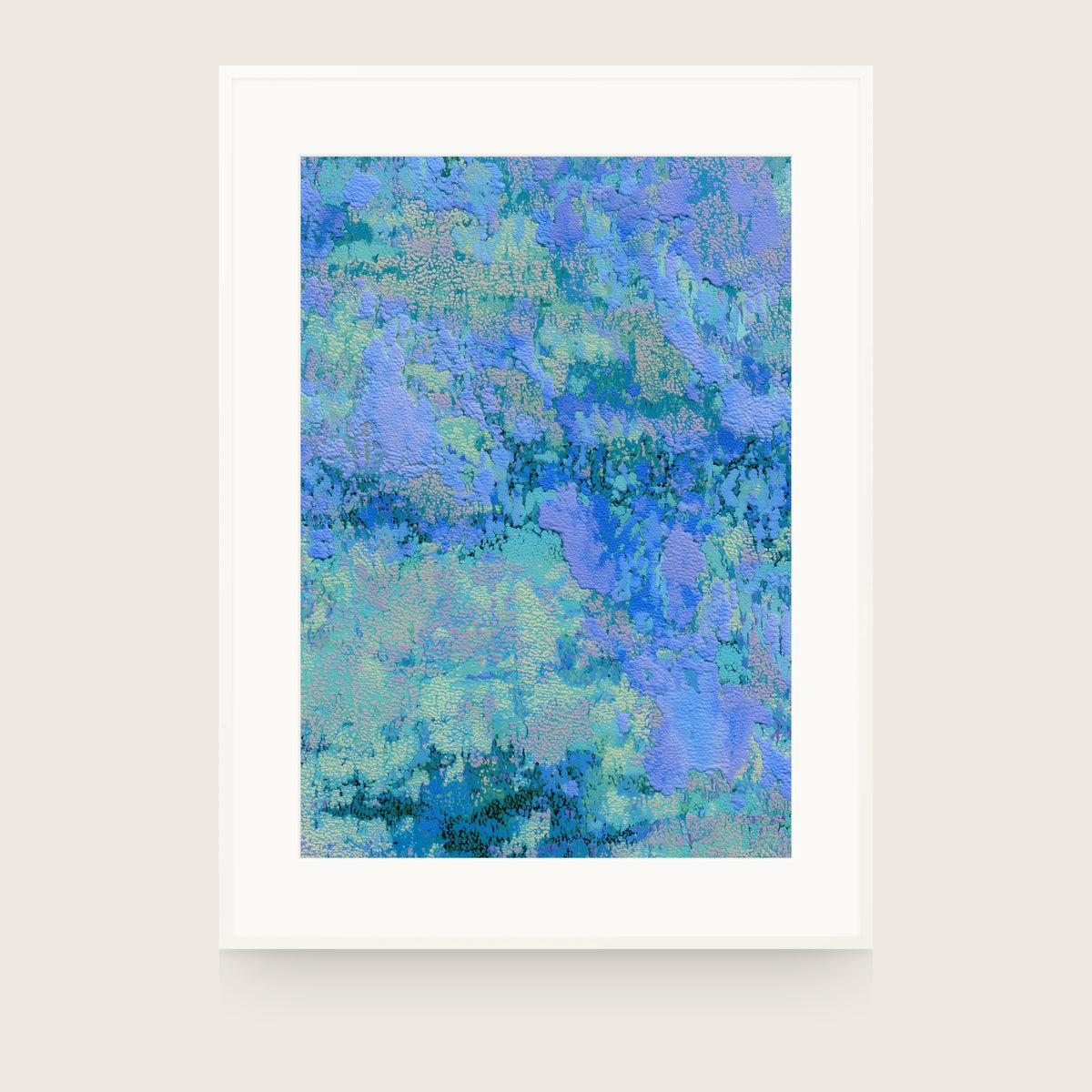 Glacier III — Relief. Patchy field of periwinkle and aqua with small pink and yellow dots, and a band of dark teal marks across the centre. Shown framed. Frames and mounts are not included.