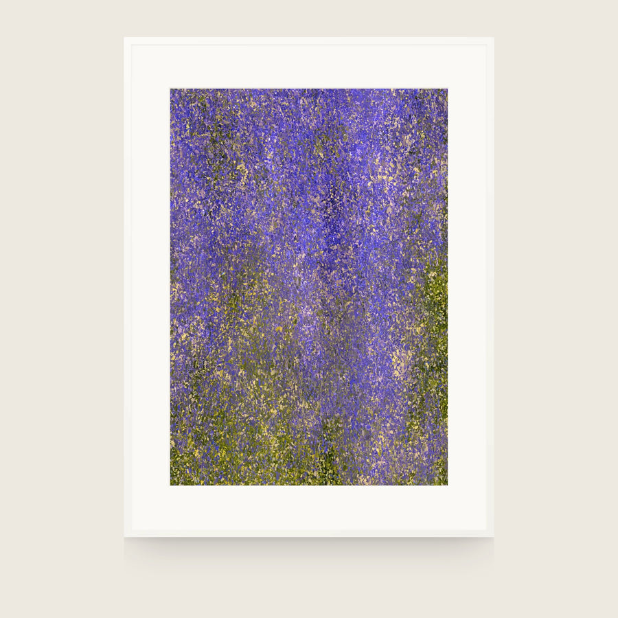 Impressions VII — Rise. Dense flecked field, blue-violet across the top with olive and yellow rising from the lower edge. Shown framed. Frames and mounts are not included.