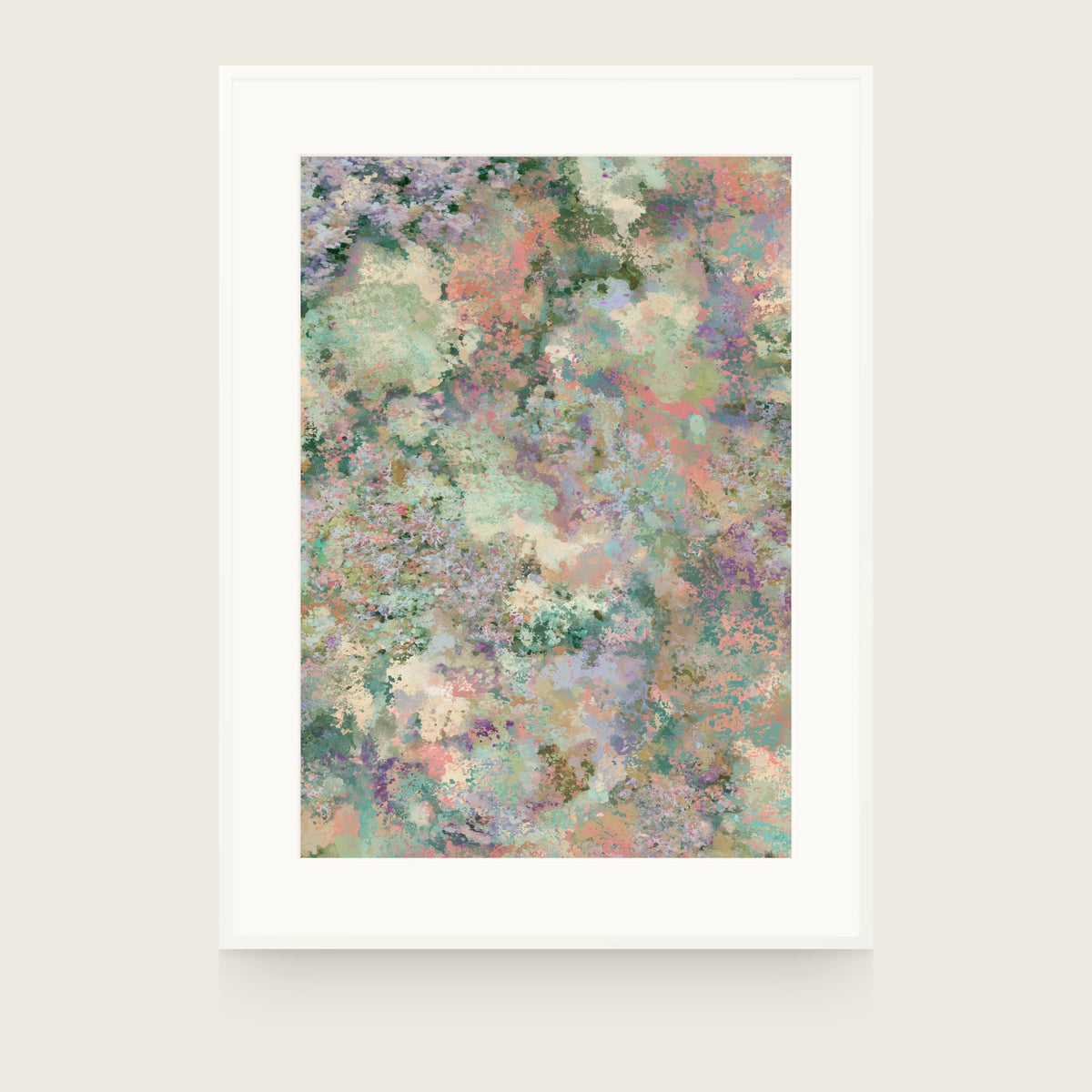 Botanics II — Mottle. Abstract mottling in coral, sage and cream, with lilac and teal at the edges. Shown framed. Frames and mounts are not included.