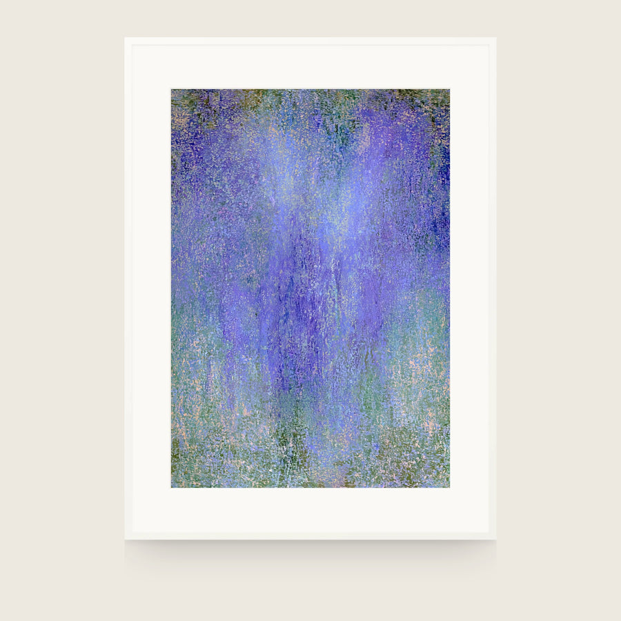 Impressions VI — Drift. Field of small flecks, violet through the centre and shifting to green and sand at the edges and lower area. Shown framed. Frames and mounts are not included.