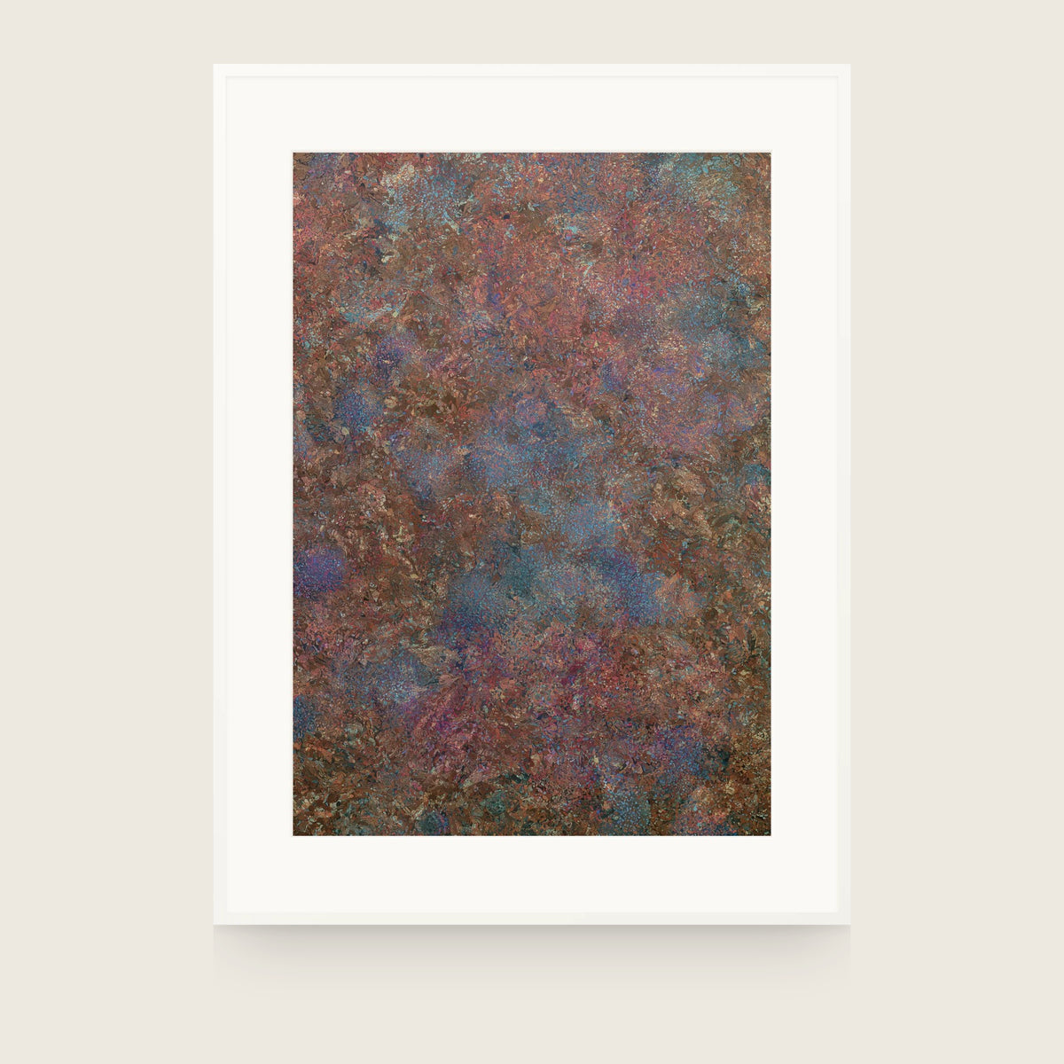 Patina VI — Copper. Dense copper-brown texture with patches of blue-grey underneath. Shown framed. Frames and mounts are not included.