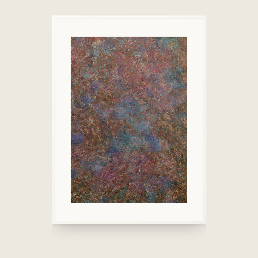 Patina VI — Copper. Dense copper-brown texture with patches of blue-grey underneath. Shown framed. Frames and mounts are not included.