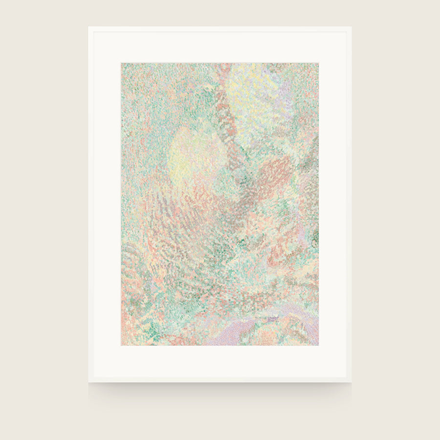 Forestry II — Haze. Pale abstract flecking in mint, apricot and cream, with a brighter yellow patch above centre. Shown framed. Frames and mounts are not included.