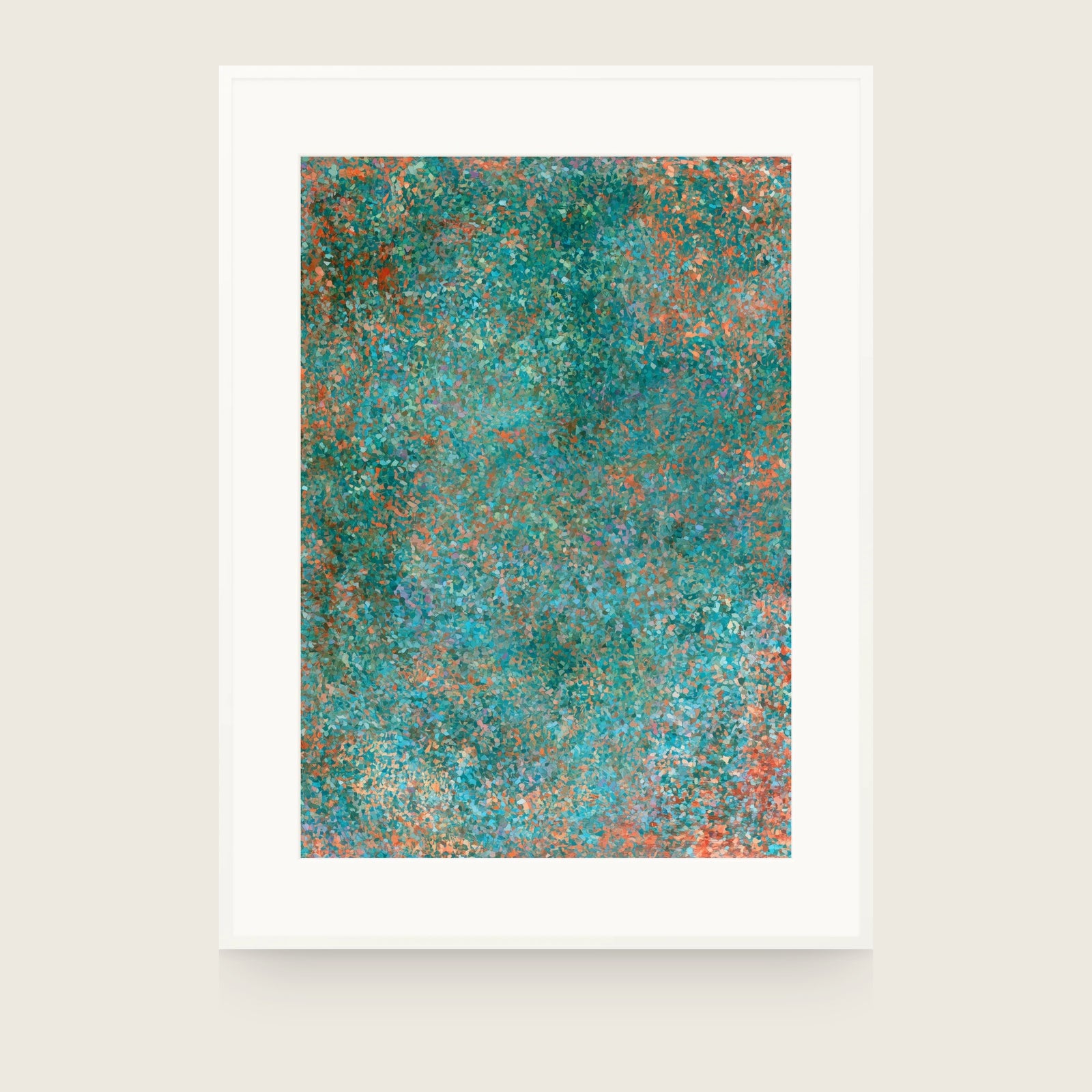 Field of teal dots with rust flecks, densest at the left and right edges and sparsest through the centre. Shown framed. Frames and mounts are not included.