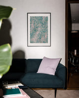 Impressions II — Shoal. Field of pink and teal vertical streaks with a paler pink diagonal drift through the centre. Hung on a wall in a room. Shown framed. Frames and mounts are not included.