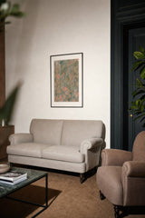 Impressions X — Weave. Abstract in grey-green with dense salmon and cream flecking in short vertical marks. Hung on a wall in a room. Shown framed. Frames and mounts are not included.