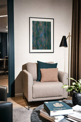 Impressions V — Tangle. Dense vertical streaks of orange and blue flecks over a deep green ground, paler and bluer through the centre. Hung on a wall in a room. Shown framed. Frames and mounts are not included.