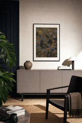 Patina VII — Olive. Mottled olive and blue-grey with gold flecks and pale rounded shapes. Hung on a wall in a room. Shown framed. Frames and mounts are not included.