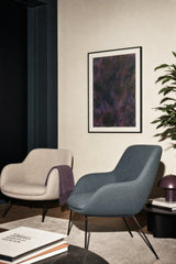 Forestry VI — Bramble. Dark abstract in plum and deep green with vertical striations and a fanned arc at the lower left. Hung on a wall in a room. Shown framed. Frames and mounts are not included.