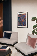 Patina X — Husk. Small broken marks of orange and blue with grey-green shapes between. Hung on a wall in a room. Shown framed. Frames and mounts are not included.