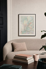 Forestry II — Haze. Pale abstract flecking in mint, apricot and cream, with a brighter yellow patch above centre. Hung on a wall in a room. Shown framed. Frames and mounts are not included.