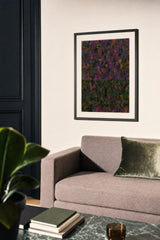 Partitions VI — Tangle. Dense angular shards of magenta, violet, olive and dark green, with two straight horizontal breaks across the lower half. Hung on a wall in a room. Shown framed. Frames and mounts are not included.