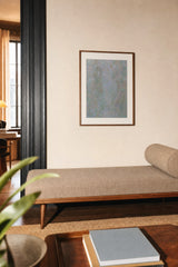 Botanics IV — Dust. Muted abstract of fine green, lilac and grey dots with small coral flecks throughout. Hung on a wall in a room. Shown framed. Frames and mounts are not included.