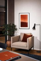 Ceramics IX — Crust. Rust orange upper area, a bright pale band across the middle, and dark red-brown below breaking into cracked grain. Hung on a wall in a room. Shown framed. Frames and mounts are not included.
