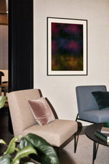 Partitions II — Ember. Dark field of crimson and navy clouds over black, with ochre and olive speckle across the bottom third. Hung on a wall in a room. Shown framed. Frames and mounts are not included.