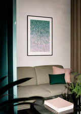 Impressions I — Scatter. Even field of fine dots shifting from dark green at the top to pale pink at the bottom. Hung on a wall in a room. Shown framed. Frames and mounts are not included.